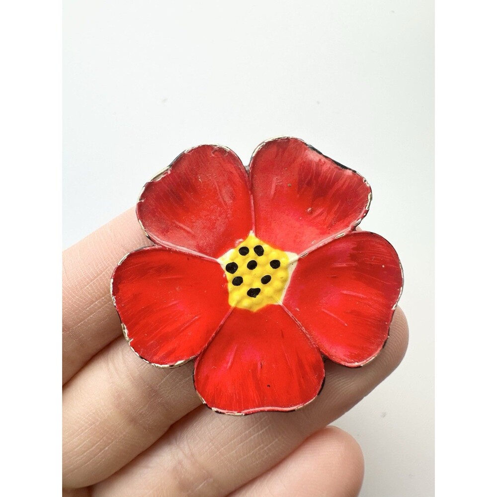 Vintage Red Poppy Flower Brooch Pin Gold Tone